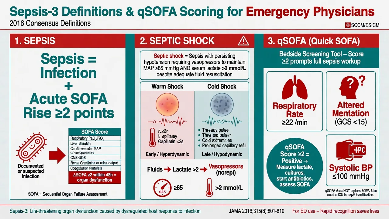 Sepsis-3 definitions and qSOFA scoring infographic for emergency physicians