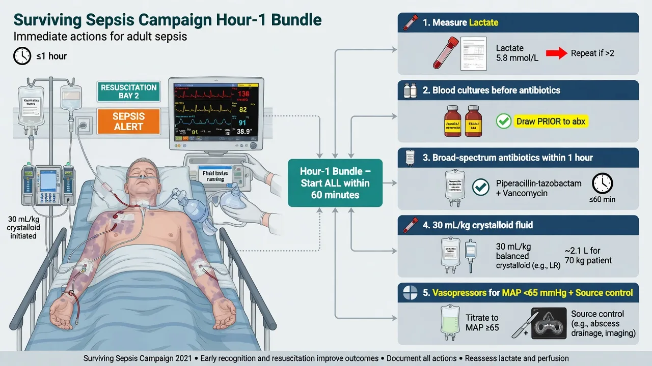 A septic patient in a resuscitation bay with the Hour-1 bundle and a lactate trend displayed