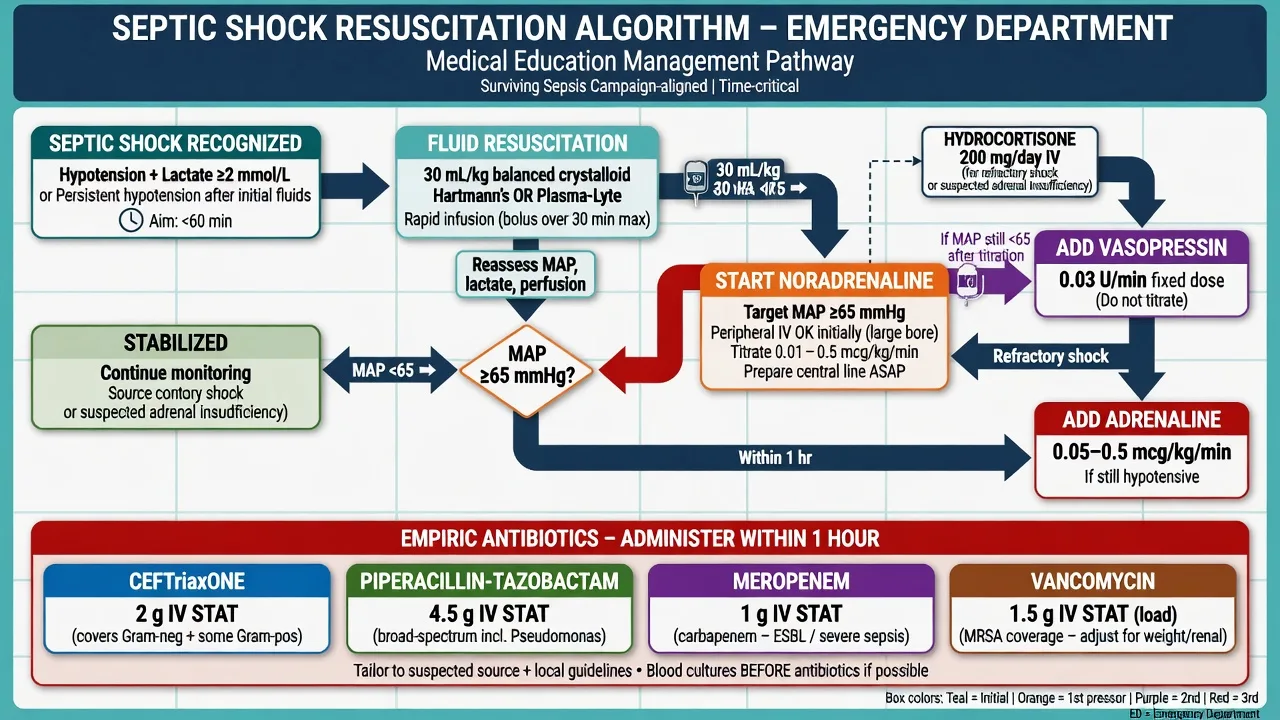 Septic shock resuscitation algorithm with fluid, noradrenaline, vasopressin, adrenaline, hydrocortisone and empiric antibiotic doses