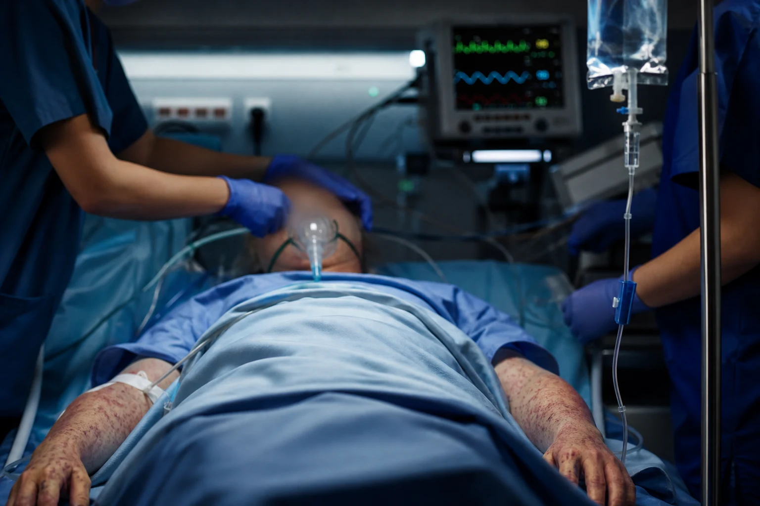 A septic patient in a resuscitation bay with warm mottled peripheries, rapid IV fluid and a tachycardic monitor