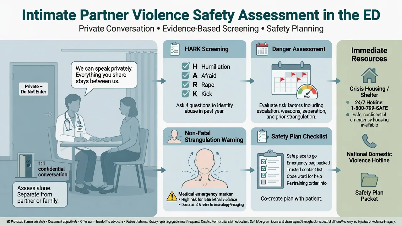 Educational IPV safety assessment pathway with private screening, HARK tool, danger assessment and safety planning