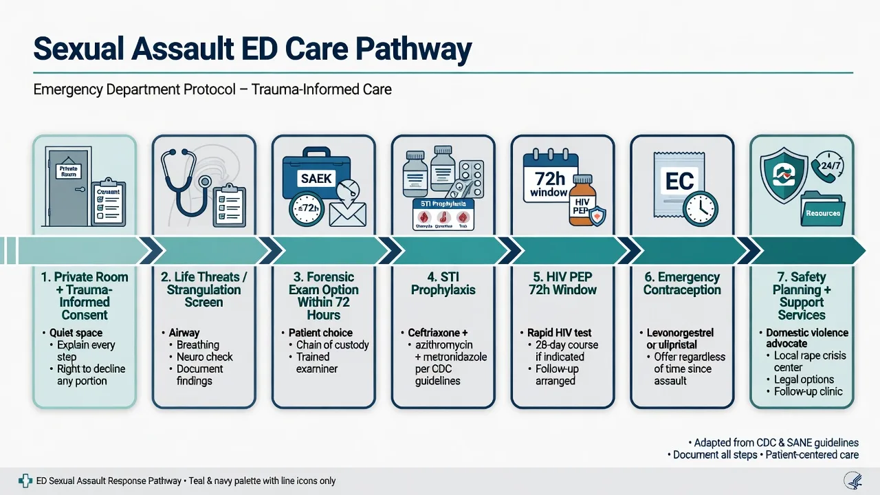A private forensic examination room with a sexual-assault kit and a trauma-informed consent pathway