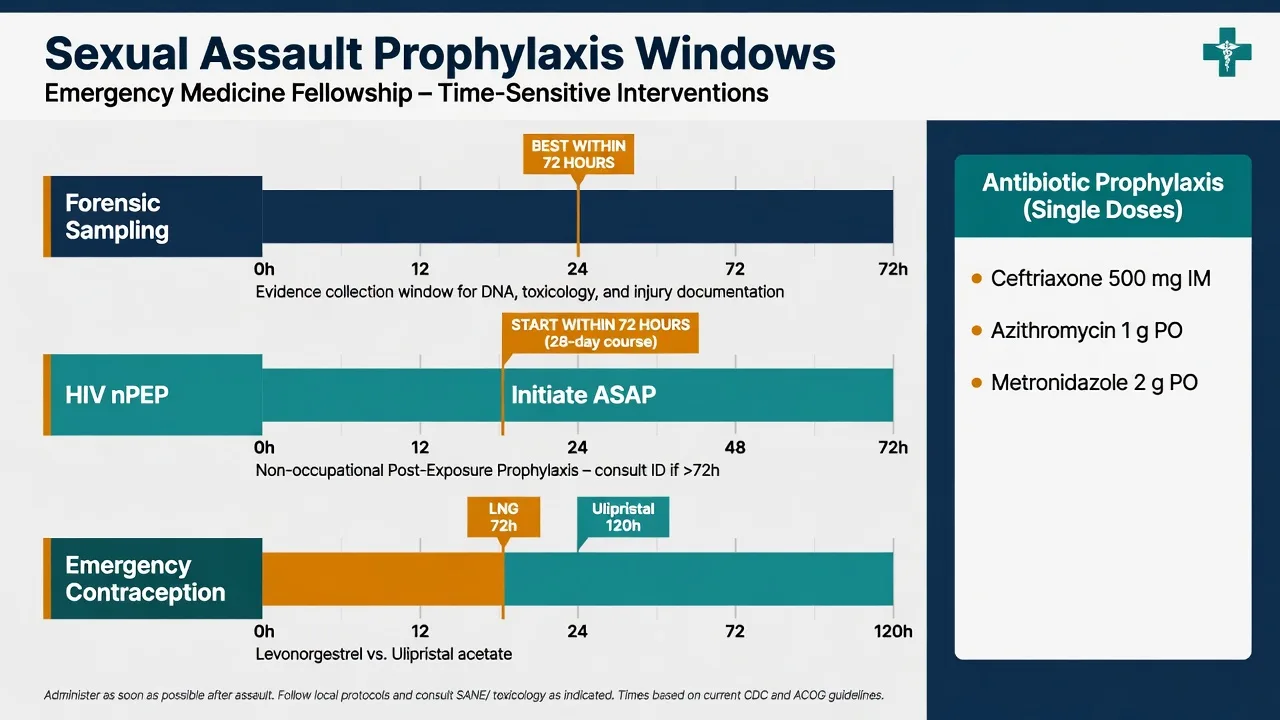 Educational timeline of sexual assault prophylaxis windows for forensic sampling, HIV nPEP within 72 hours, emergency contraception, and STI antibiotic doses