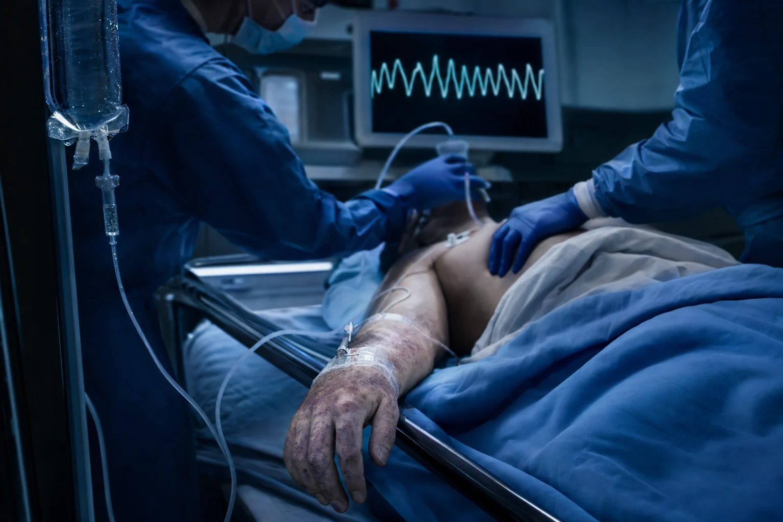 A shocked patient with mottled peripheries beside the four haemodynamic patterns of shock