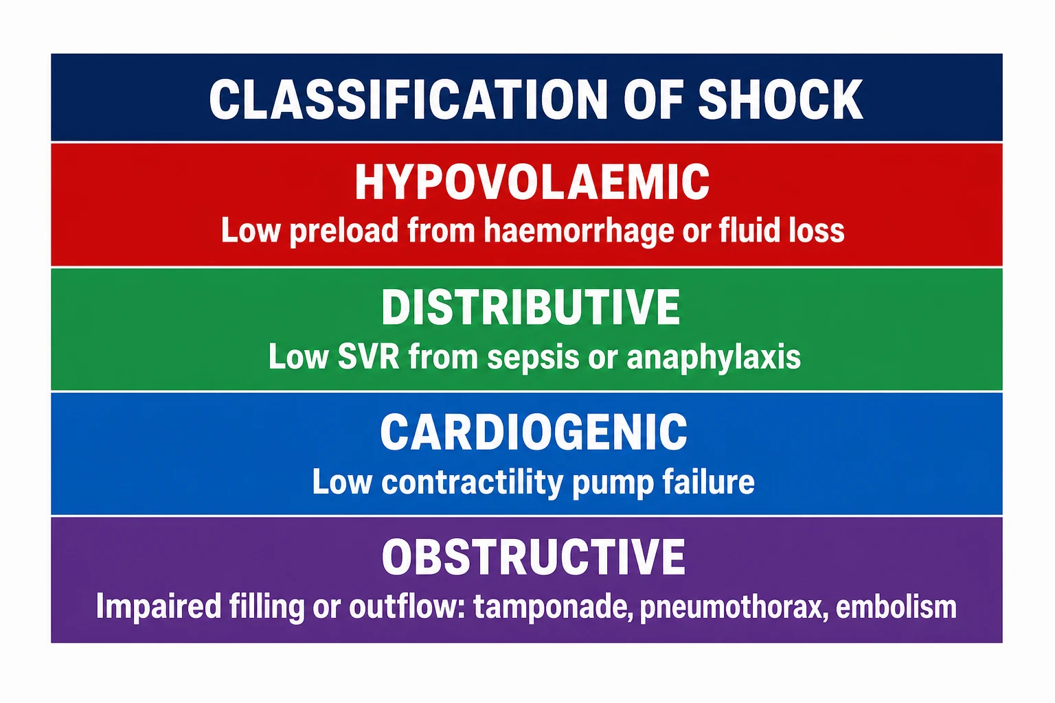 Classification of the four haemodynamic shock patterns: hypovolaemic, cardiogenic, distributive and obstructive with key bedside signs