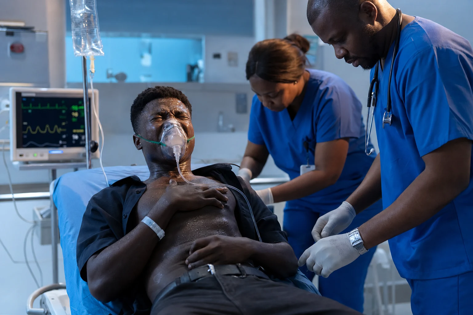 A young adult in severe pain in an emergency resuscitation bay, oxygen mask in place, cardiac monitor showing sinus tachycardia
