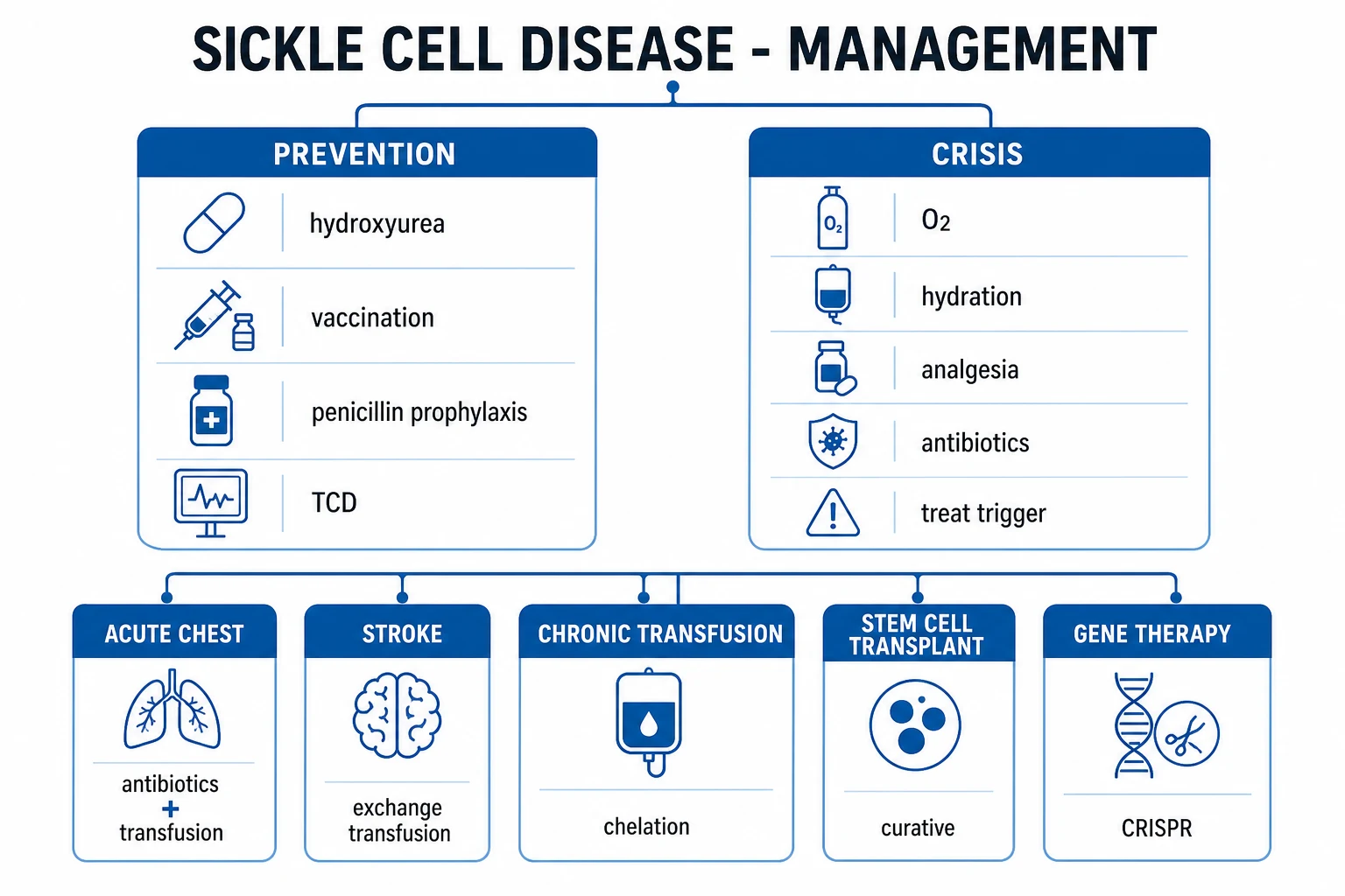 Management ladder for sickle cell crisis syndromes from oxygen and opioids to exchange transfusion