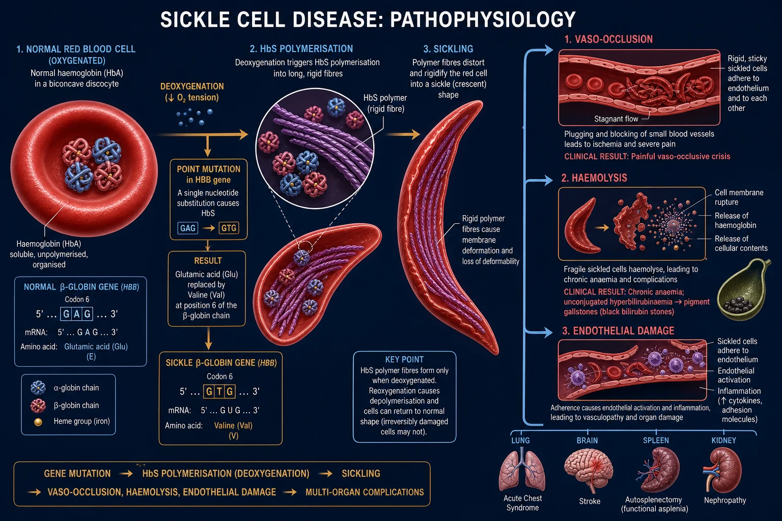 Educational diagram of haemoglobin S polymerisation, sickling, haemolysis and vaso-occlusion