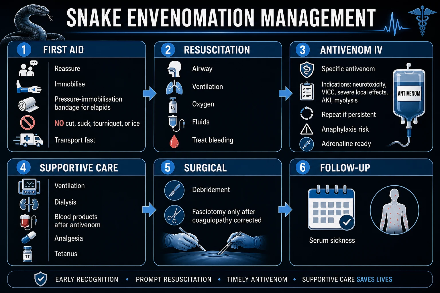 Educational antivenom management pathway with pressure immobilisation bandage, monovalent versus polyvalent antivenom and adrenaline premedication