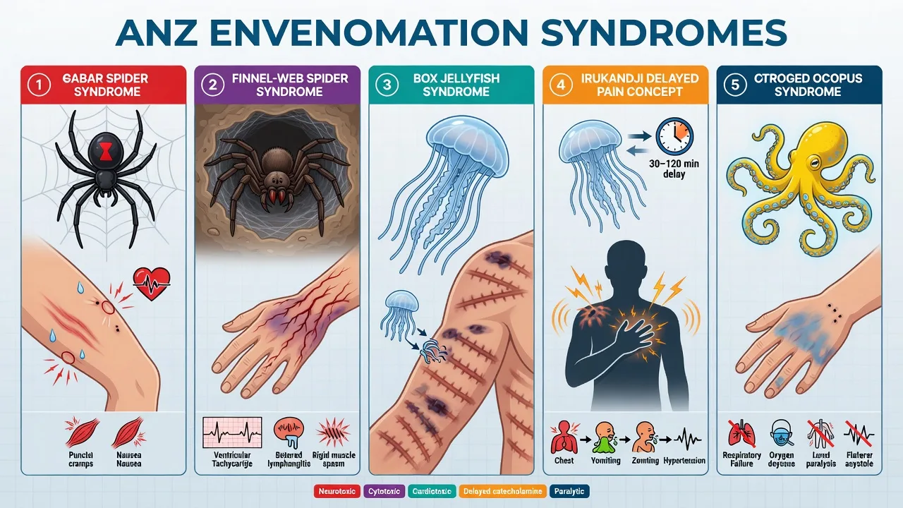 Educational classification panel of red-back, funnel-web, box jellyfish, Irukandji and blue-ringed octopus syndromes