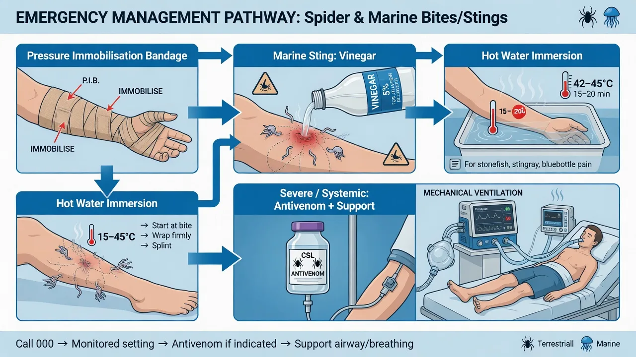 Educational management pathway mapping first aid and antivenom by creature: PIB for funnel-web, vinegar for box jellyfish, hot water for Irukandji, ventilation for blue-ringed octopus