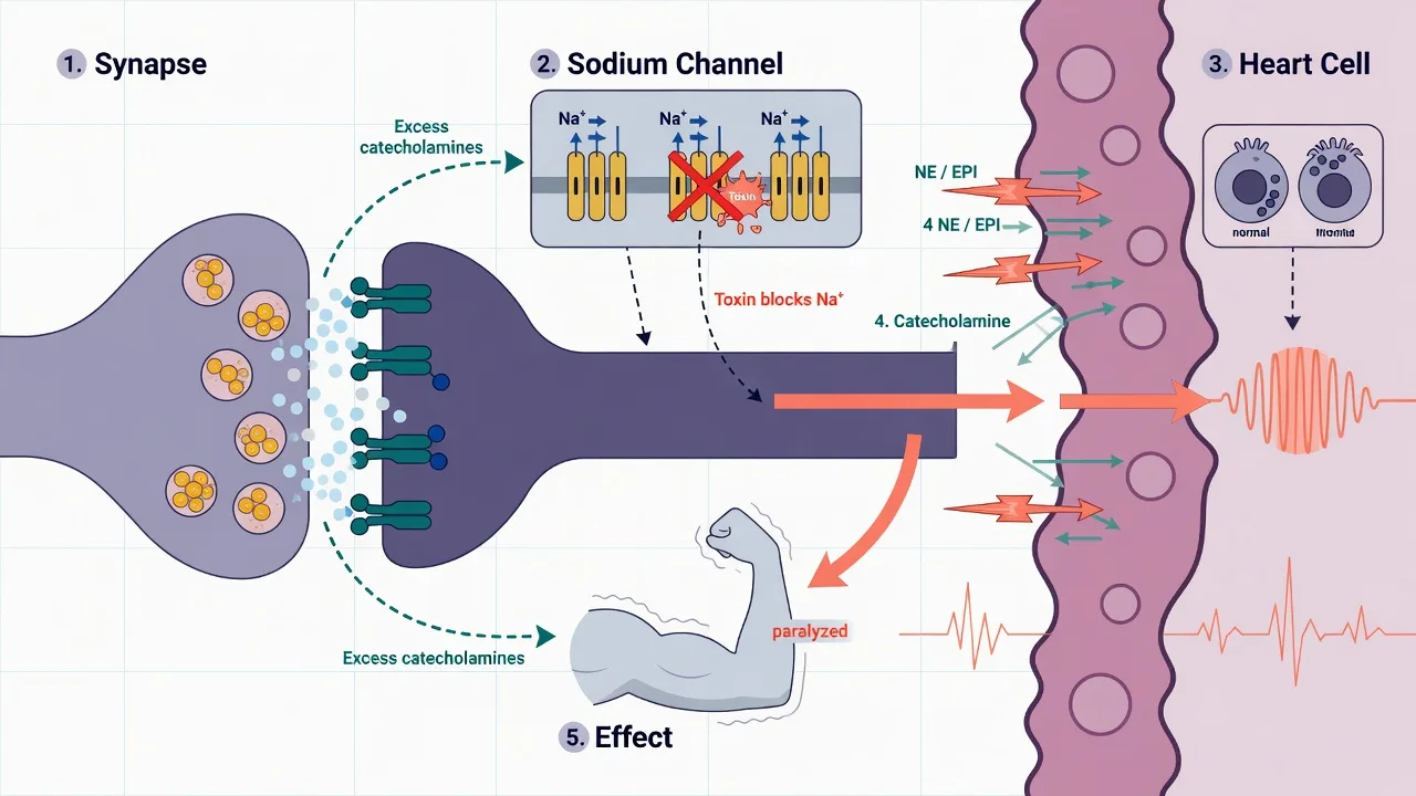 Educational diagram of five envenomation toxin mechanisms: latrotoxin, robustoxin, Chironex cardiotoxin, Irukandji catecholamine surge and tetrodotoxin