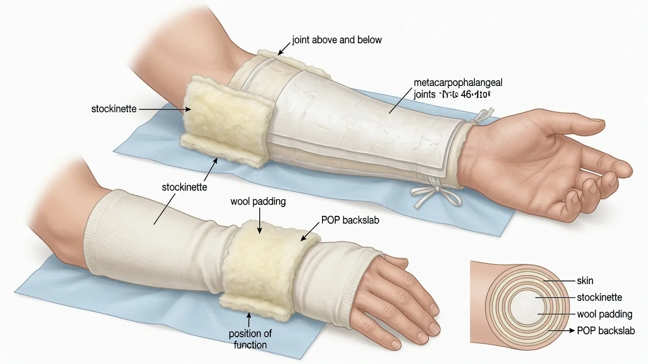 A plaster backslab and a Thomas splint beside the immobilise-the-joint-above-and-below principle