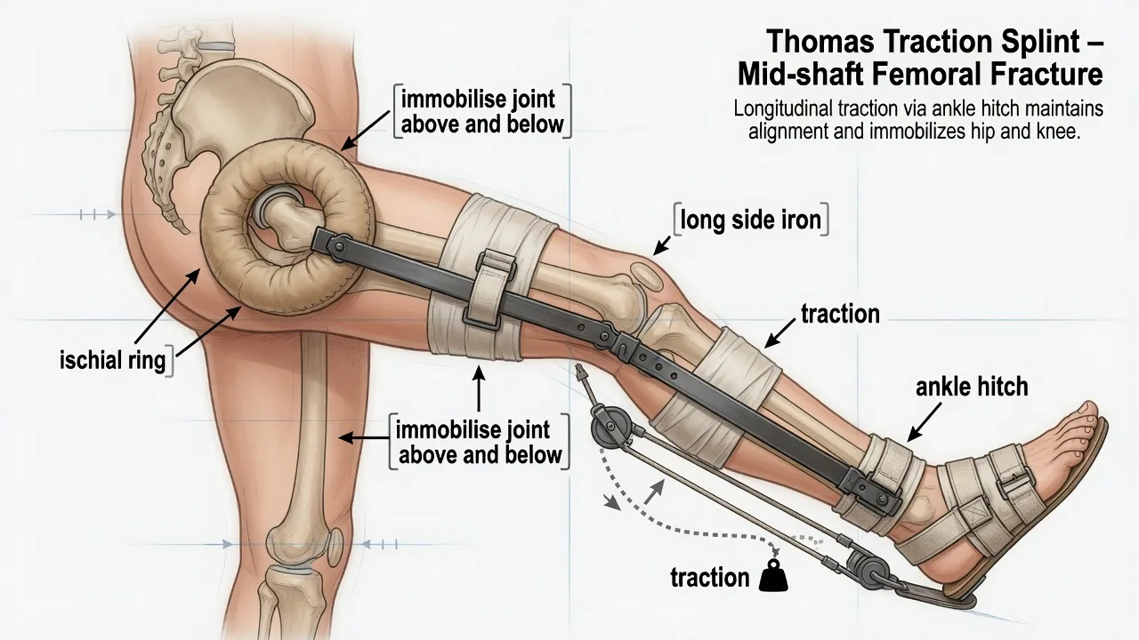 Thomas traction splint applied for mid-shaft femoral fracture with ischial ring and ankle hitch