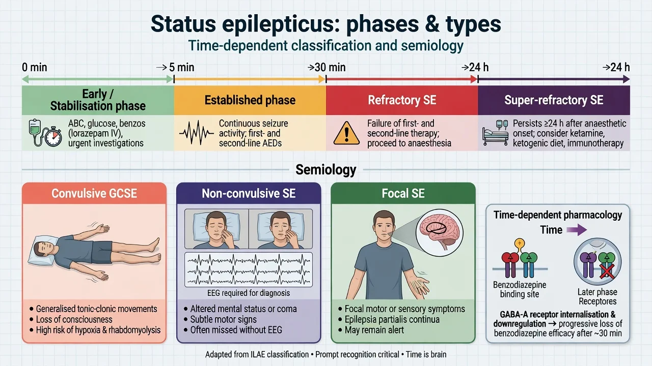 Educational timeline of status epilepticus phases early established refractory super-refractory with semiology types and GABA-A receptor internalisation