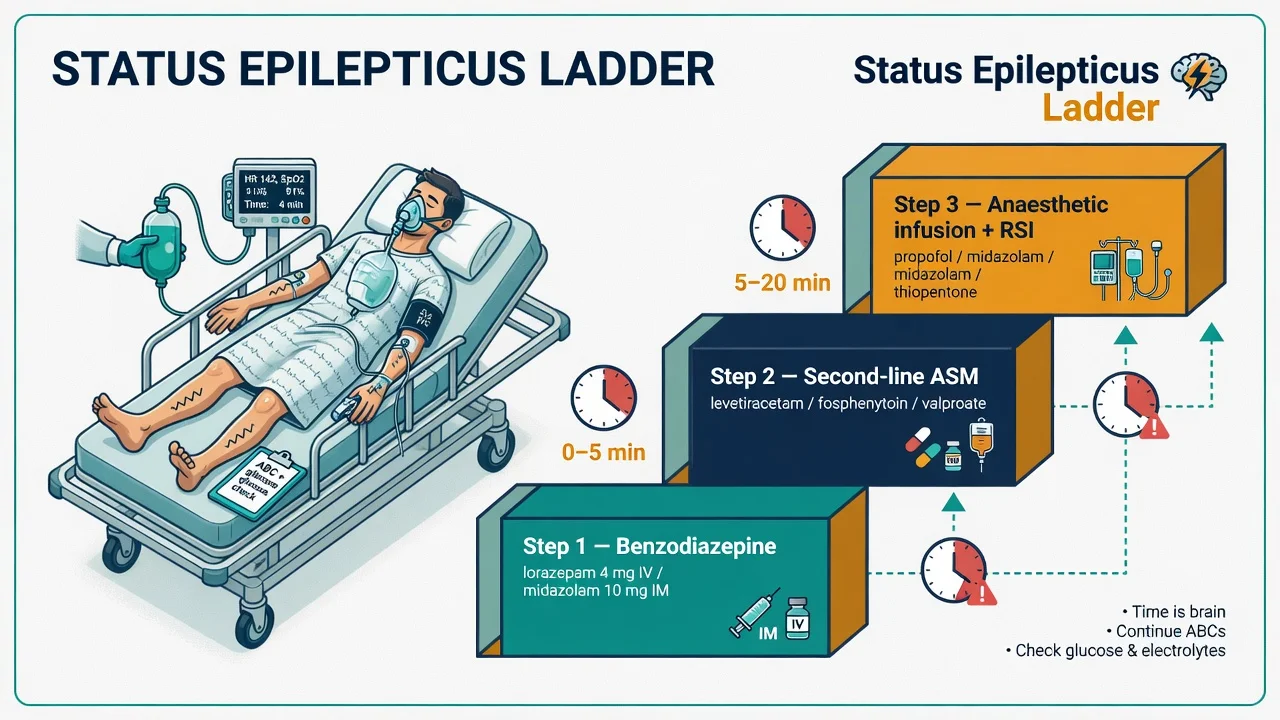 A patient in convulsive status epilepticus beside a stepped pharmacological ladder of lorazepam, phenytoin and anaesthetic