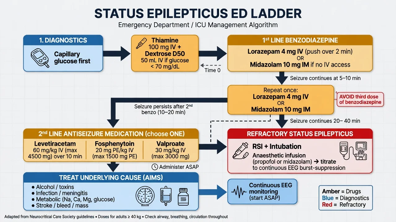 Educational ED status epilepticus algorithm from glucose check through benzodiazepine, second-line ASM and refractory anaesthetic infusion