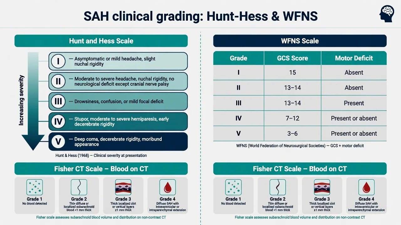Educational diagram of Hunt and Hess grades I to V, WFNS grades, and Fisher CT blood patterns