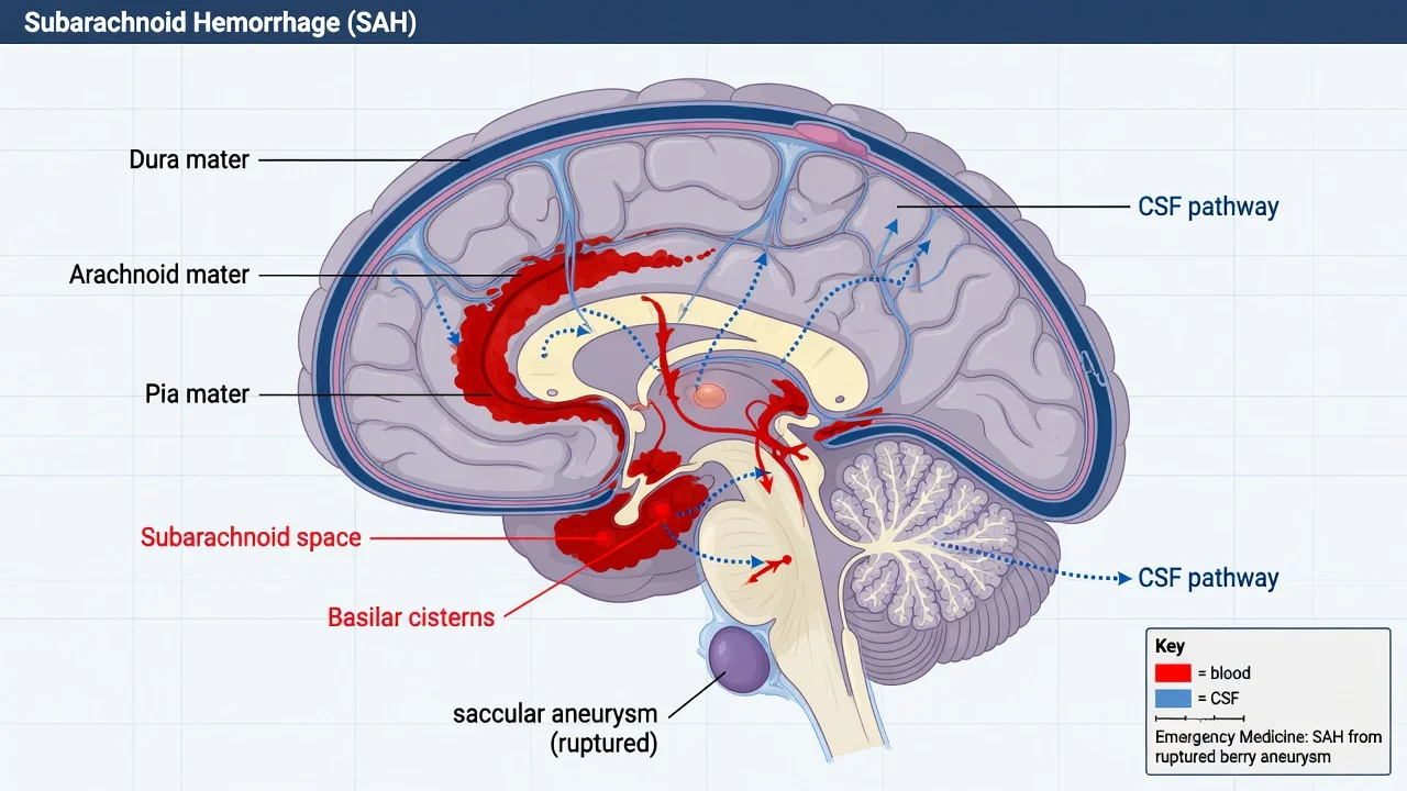 Educational sagittal brain diagram of ruptured saccular aneurysm with blood in the subarachnoid space and basilar cisterns