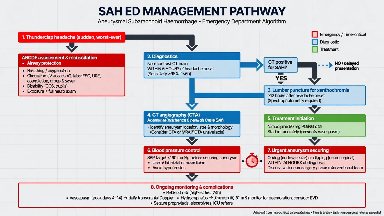 Educational ED management pathway for aneurysmal SAH from thunderclap headache through CT, LP, nimodipine, BP control and aneurysm securing
