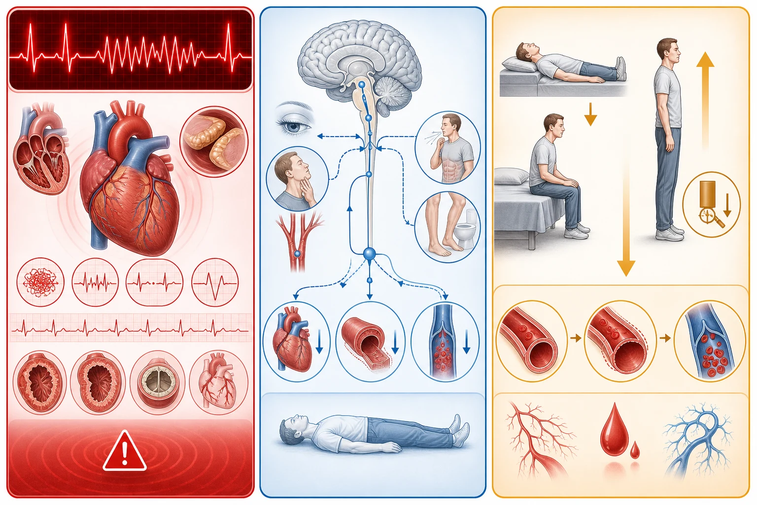 Disposition algorithm for syncope showing admission for high-risk cardiac features and discharge advice for low-risk reflex syncope
