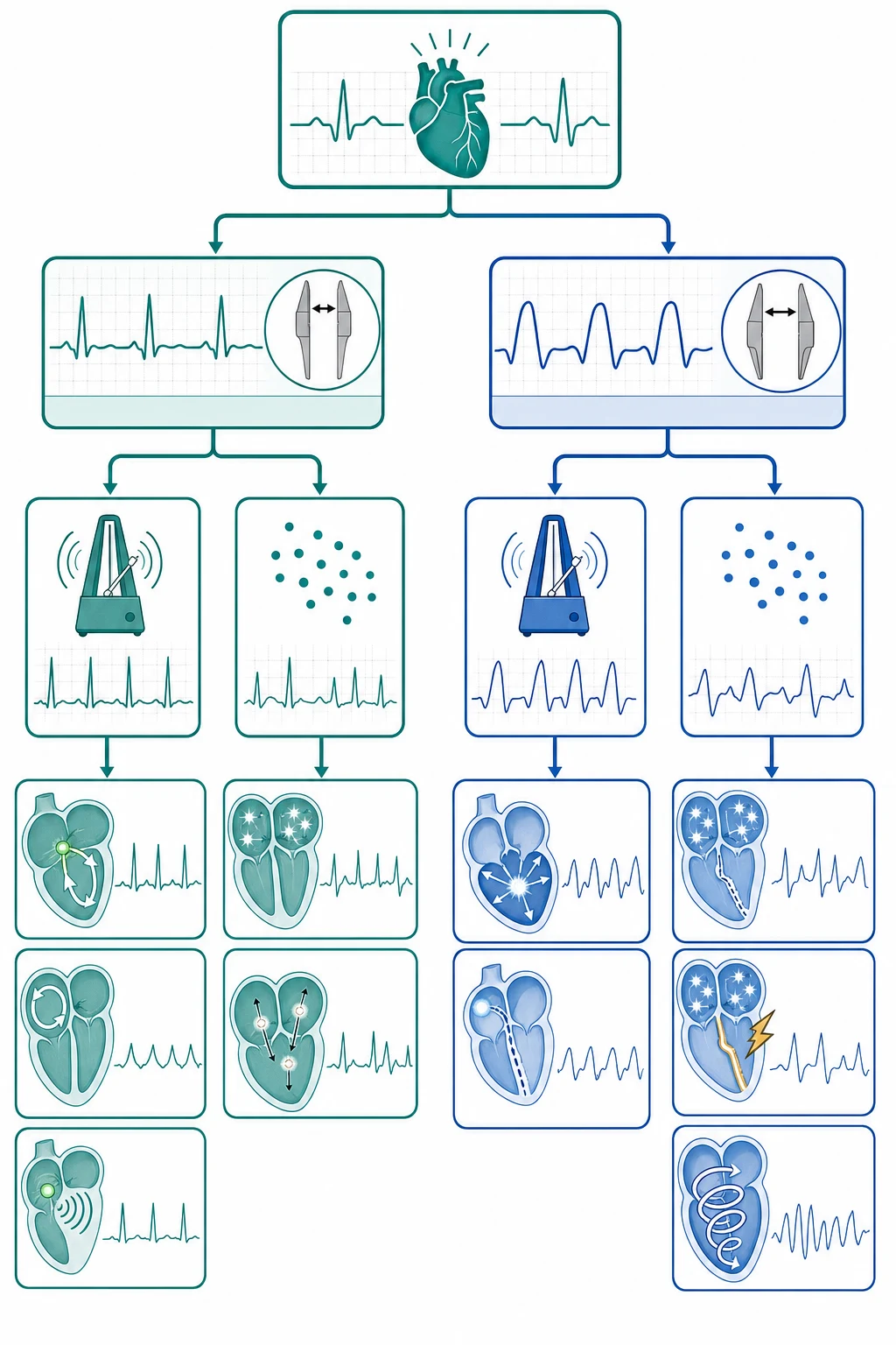 Tachyarrhythmia classification grid by QRS width and regularity: narrow-regular SVT, narrow-irregular AF, broad-regular VT, broad-irregular pre-excited AF or torsades