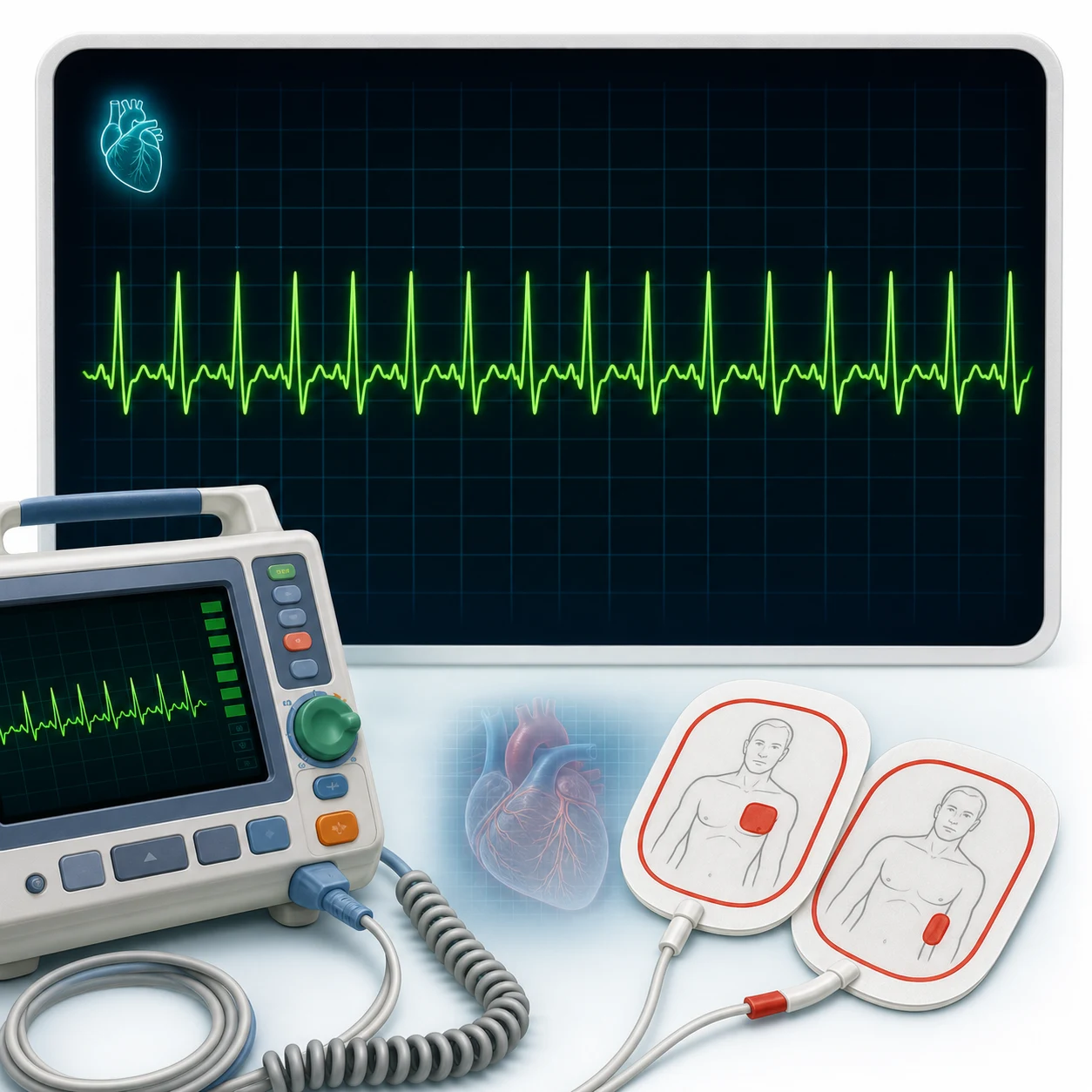 A cardiac monitor showing a broad-complex tachycardia in a resuscitation bay