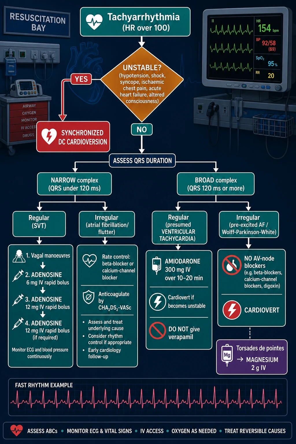 Stability-first tachyarrhythmia decision algorithm with QRS-width branching