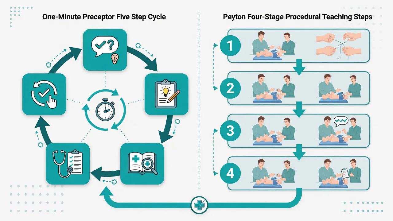 Diagram of one-minute preceptor microskills and Peyton four-stage procedural teaching model