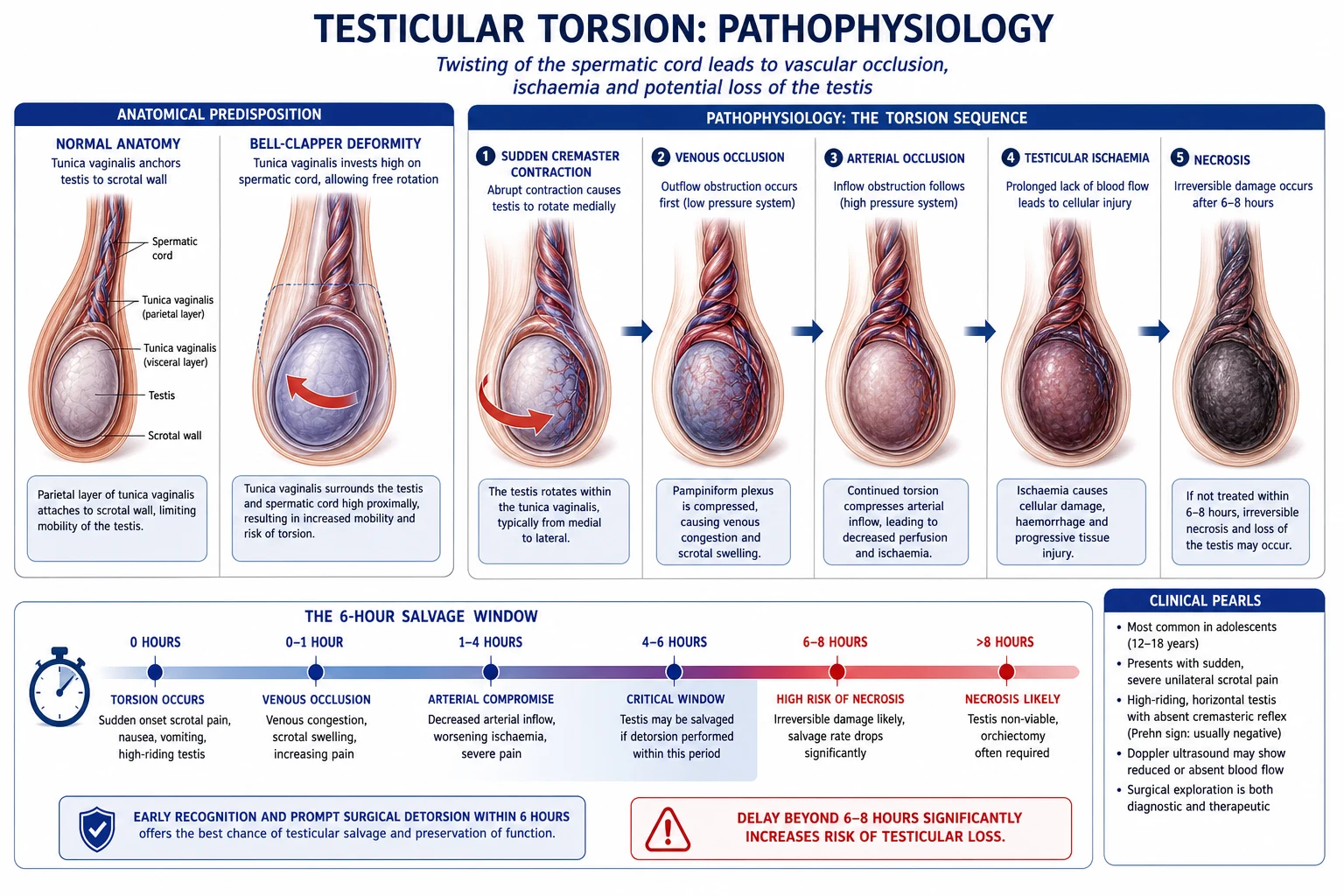 Pathophysiology diagram of spermatic cord torsion with venous then arterial occlusion