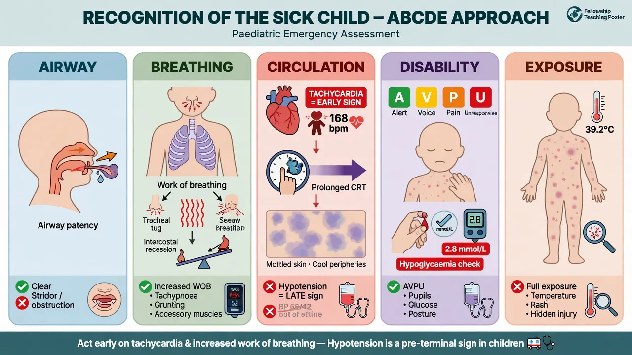 Educational ABCDE recognition of the sick child highlighting early tachycardia and late hypotension