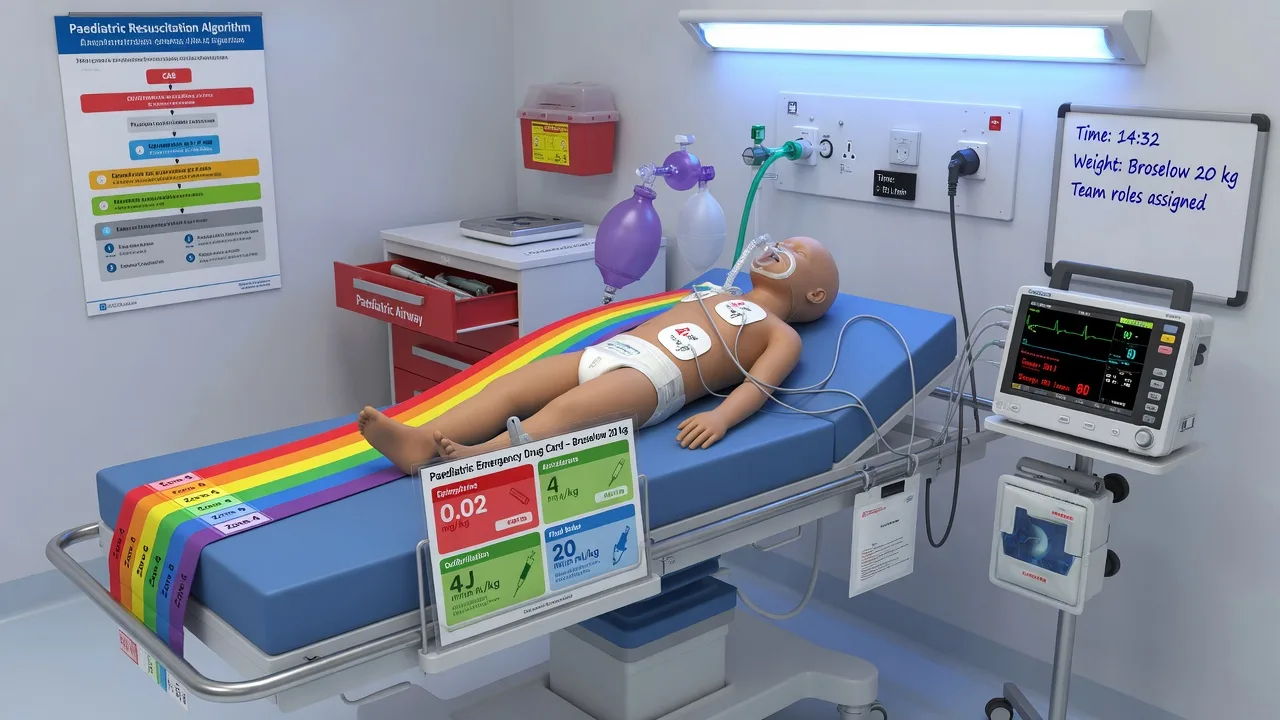 A weight-based drug chart (Broselow) beside a sick child being resuscitated with a structured approach