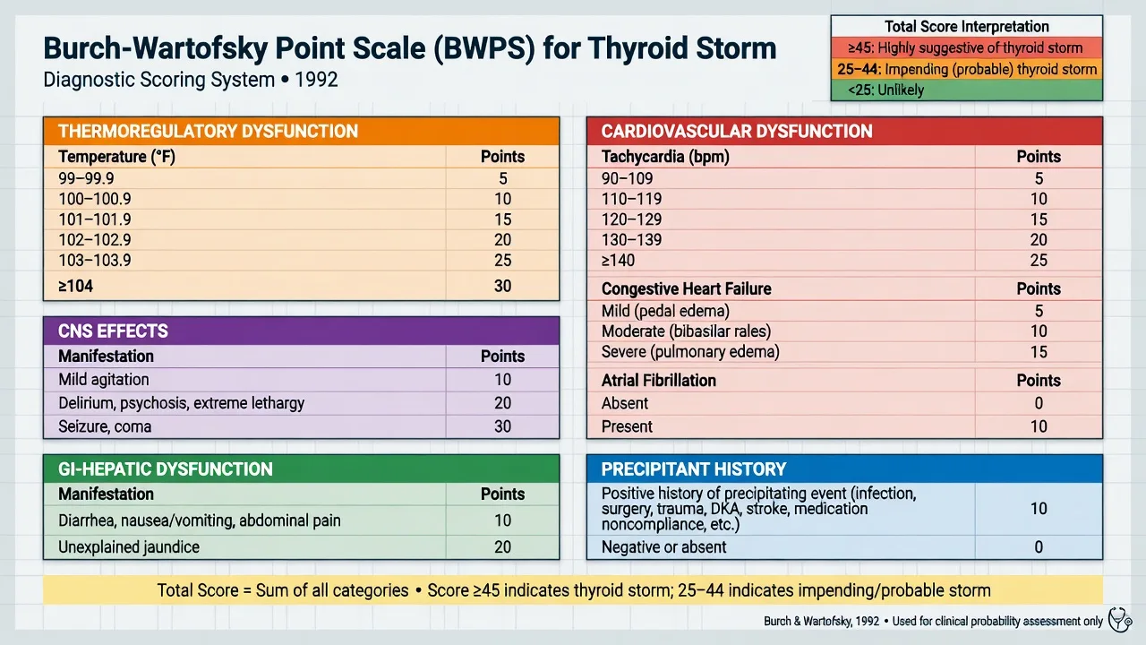 Burch-Wartofsky Point Scale components and interpretation thresholds for thyroid storm