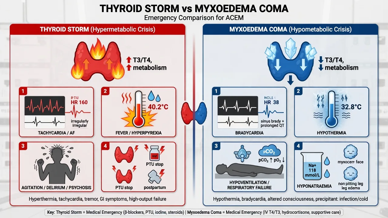 Educational comparison of thyroid storm versus myxoedema coma clinical features