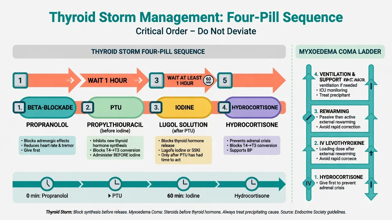 Four-pill management sequence for thyroid storm and myxoedema coma drug ladder with critical ordering