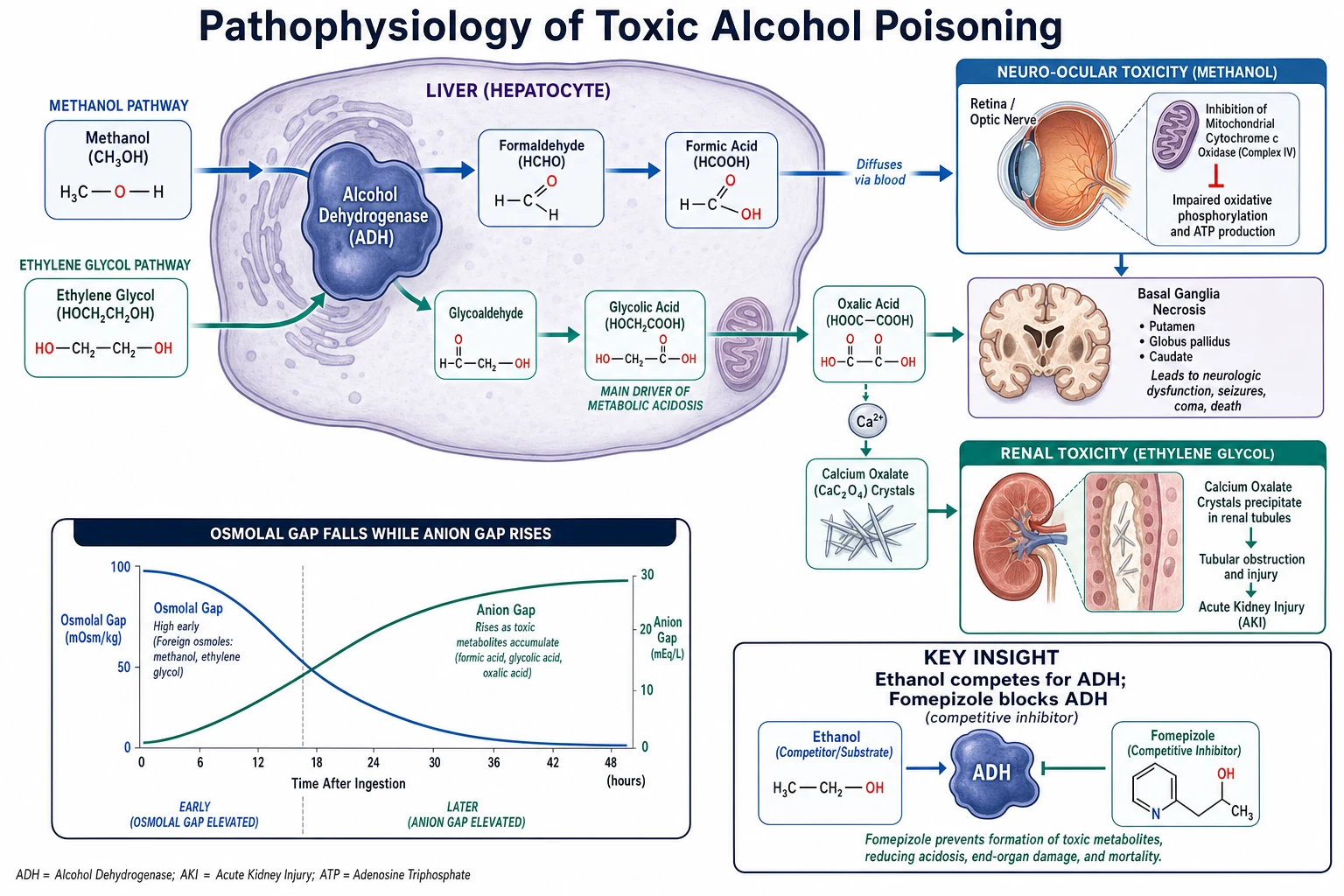 Educational diagram of alcohol dehydrogenase metabolism of methanol to formate and ethylene glycol to oxalate with anion and osmolar gaps