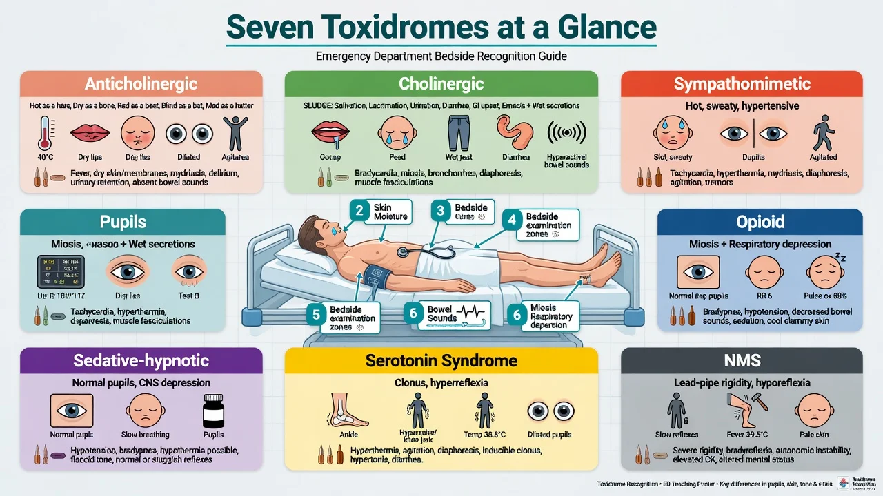 A wall chart of the seven toxidromes beside a poisoned patient and a decontamination and antidote trolley