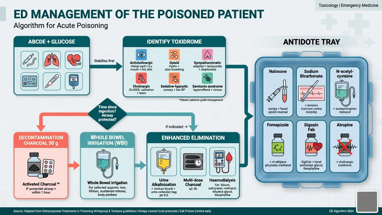 Algorithm for ED management of the poisoned patient including ABCDE, toxidrome identification, charcoal, enhanced elimination and antidote tray