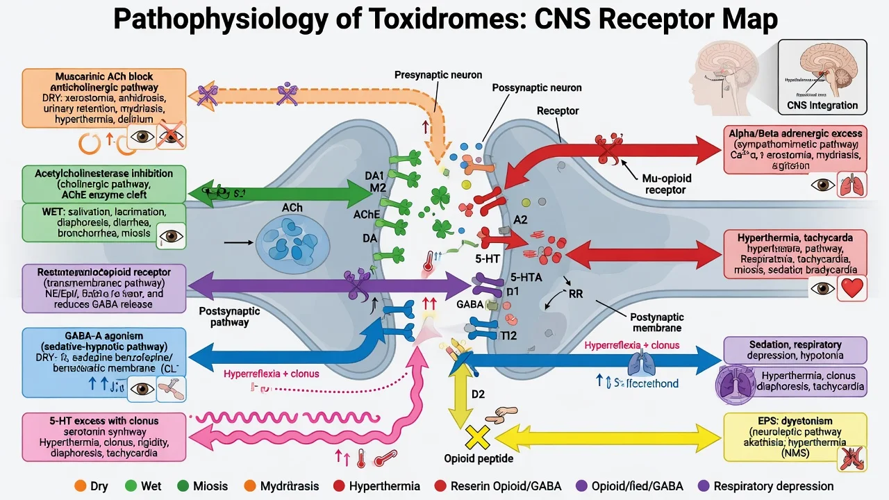 CNS receptor map linking muscarinic block, acetylcholinesterase inhibition, adrenergic excess, mu-opioid, GABA-A, 5-HT and D2 pathways to toxidrome signs