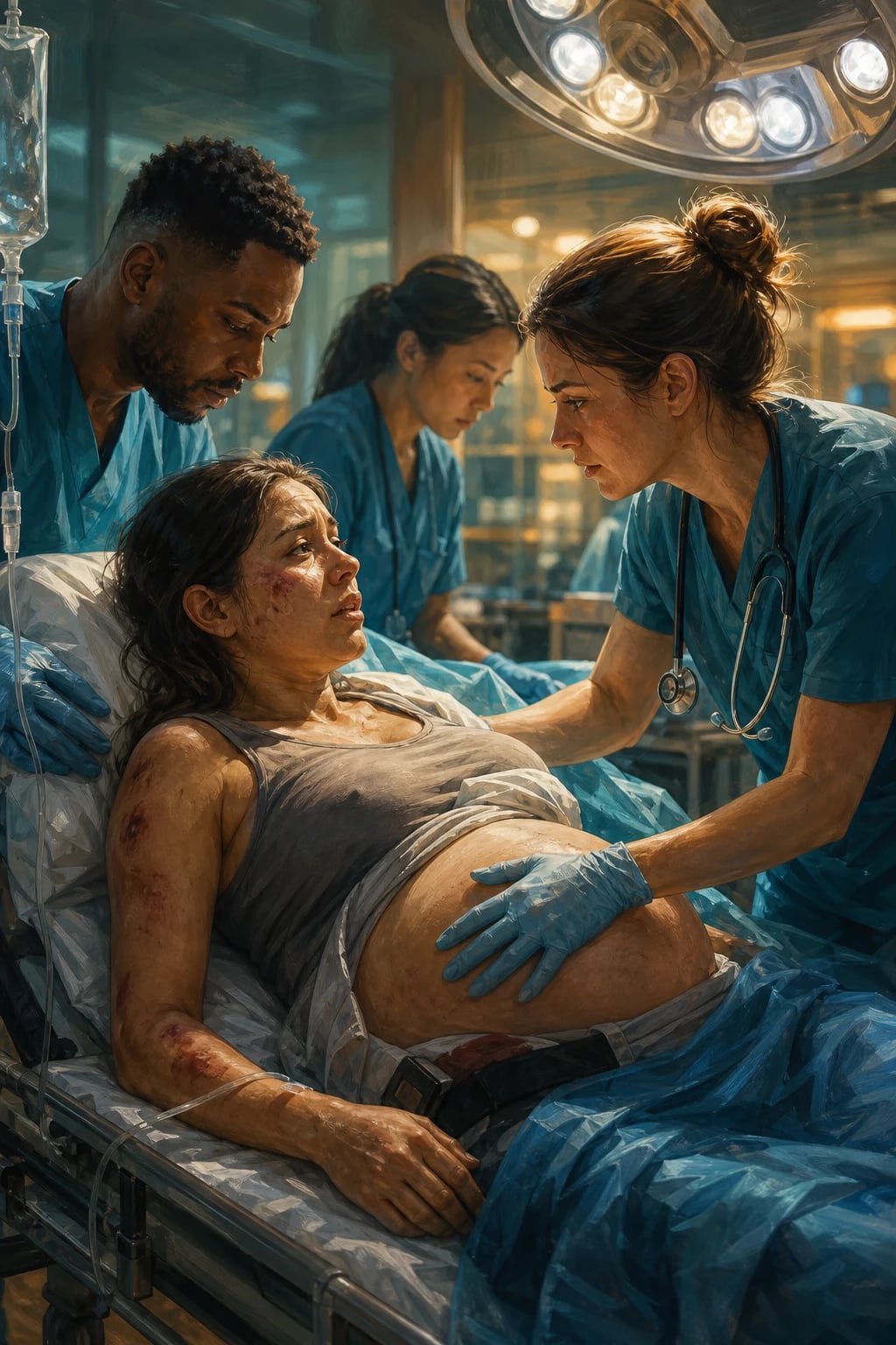 A pregnant trauma patient on a trolley being assessed