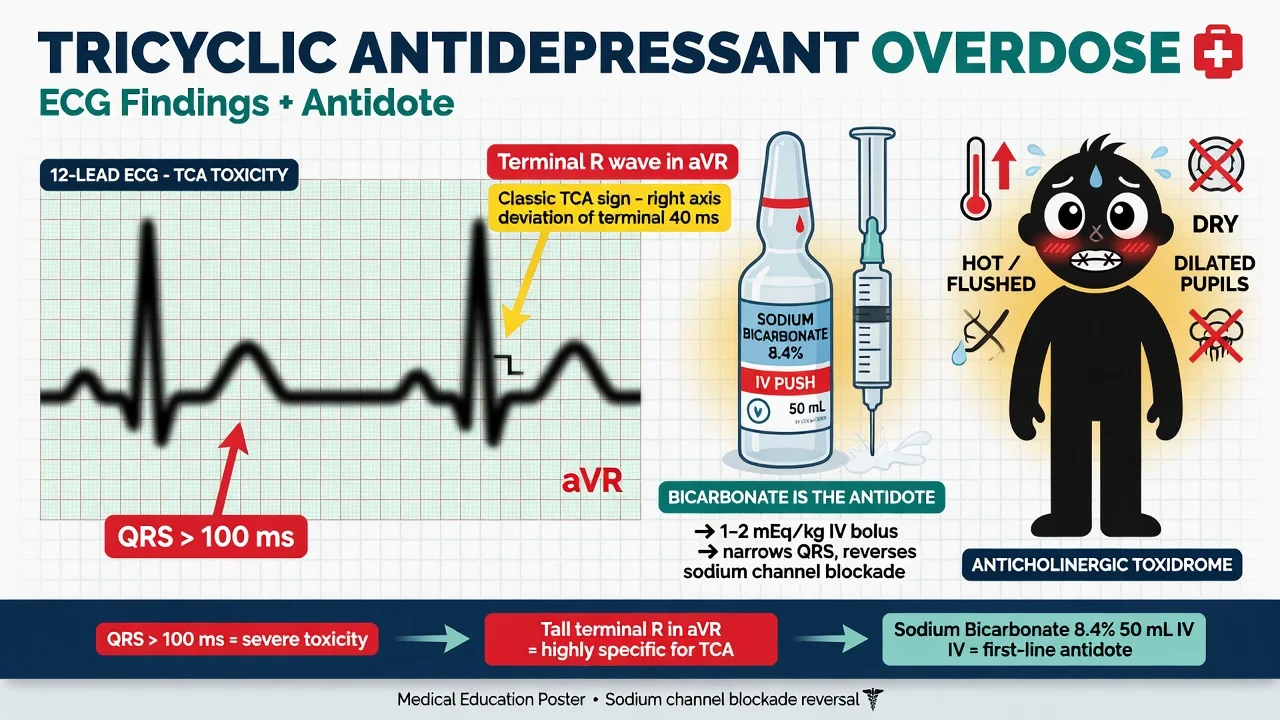 A 12-lead ECG showing a wide QRS with a terminal R wave in aVR beside a sodium-bicarbonate bolus