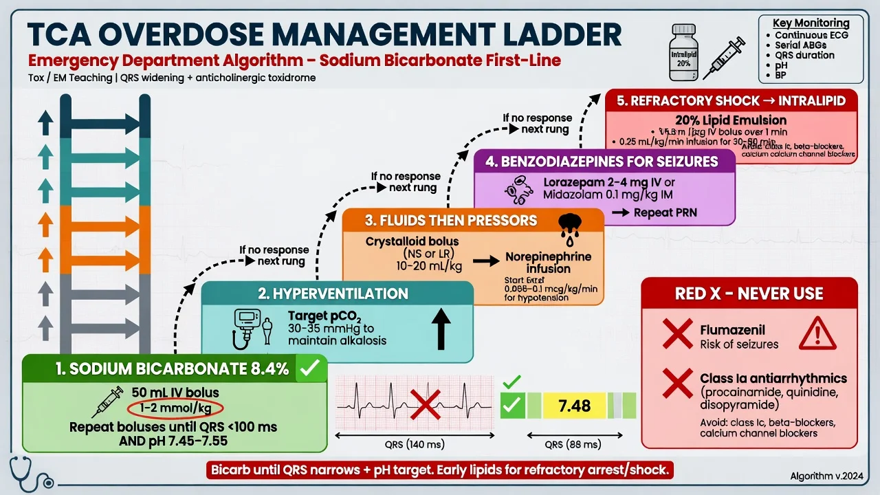 TCA overdose management ladder: sodium bicarbonate boluses, hyperventilation, vasopressors, lipid emulsion, avoid flumazenil and class Ia agents