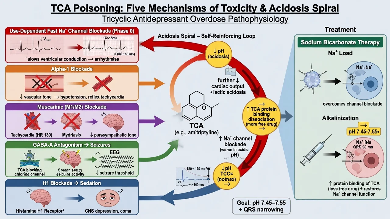 Five mechanisms of TCA toxicity and the acidosis spiral with sodium bicarbonate dual action on the sodium channel