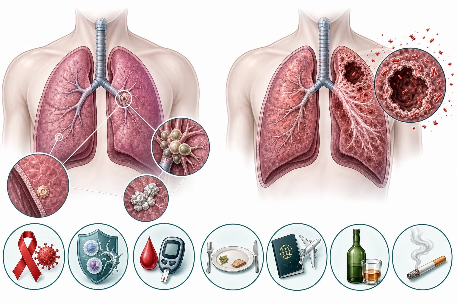 Two columns: primary TB (Ghon focus, hilar lymphadenopathy, calcified complex) and reactivation TB (upper-lobe cavity, fibrosis), with a row of risk-factor icons below