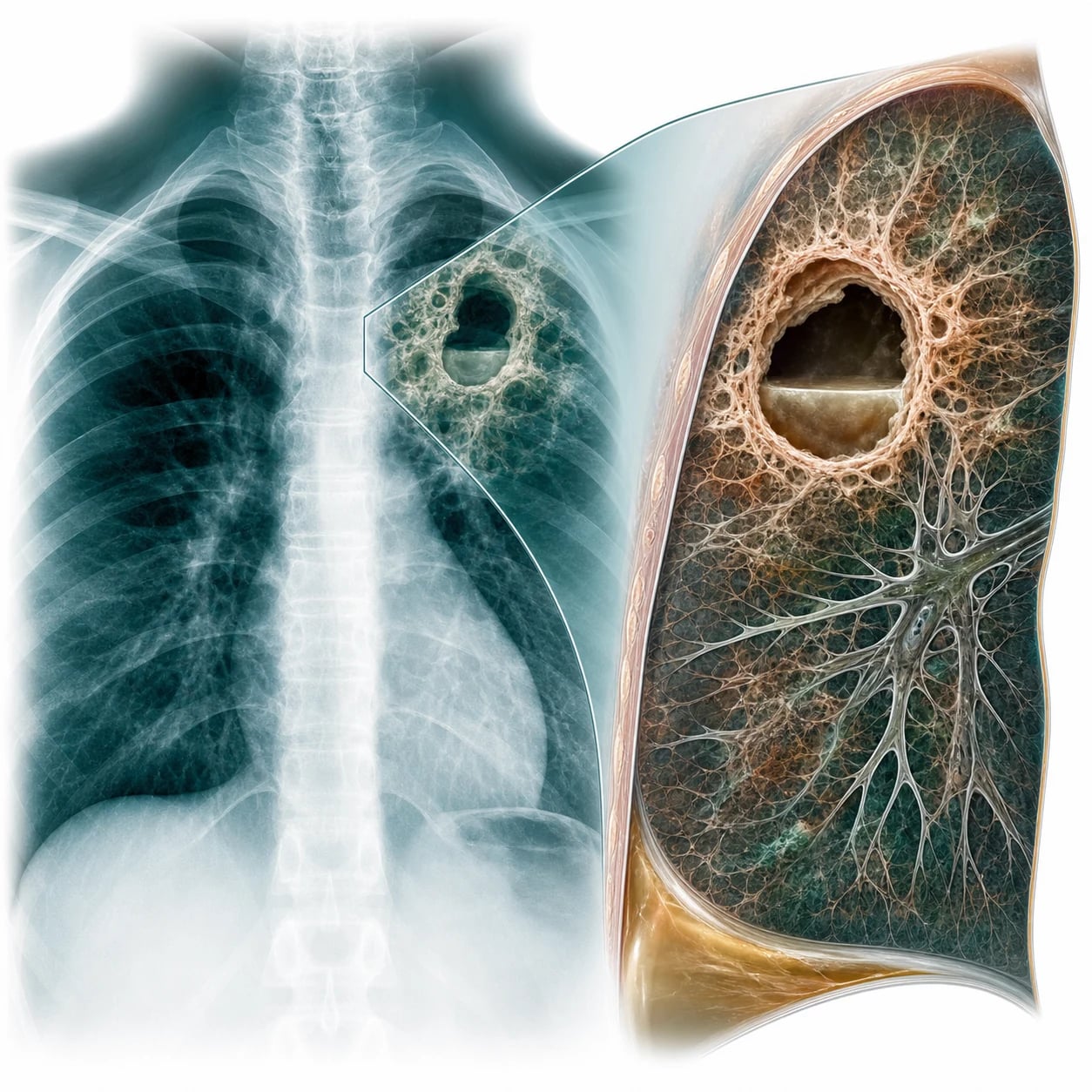 A chest X-ray view of an upper lobe with a cavitating lesion and fibrotic streaks