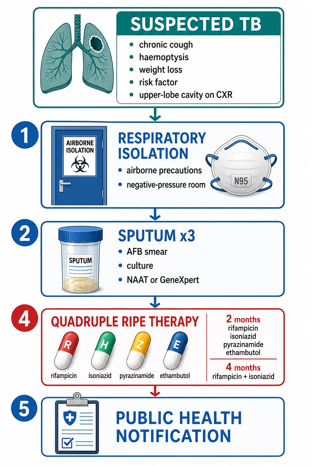 A flowchart of TB management: suspect, isolate (airborne), sputum x3, RIPE quadruple therapy, public-health notification