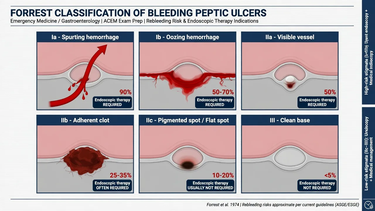 Forrest classification Ia to III of bleeding peptic ulcer with rebleeding risk and therapy need