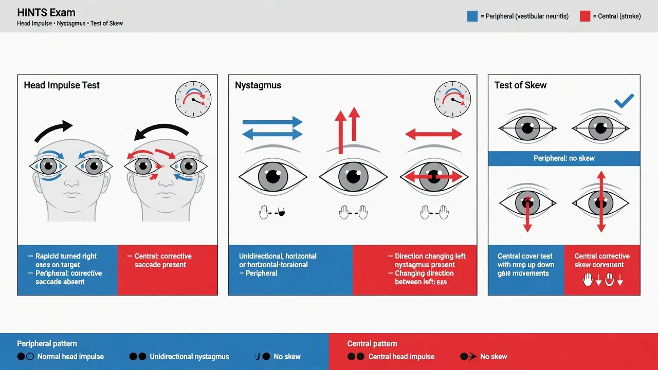 HINTS examination components head impulse nystagmus test of skew with central versus peripheral patterns labelled