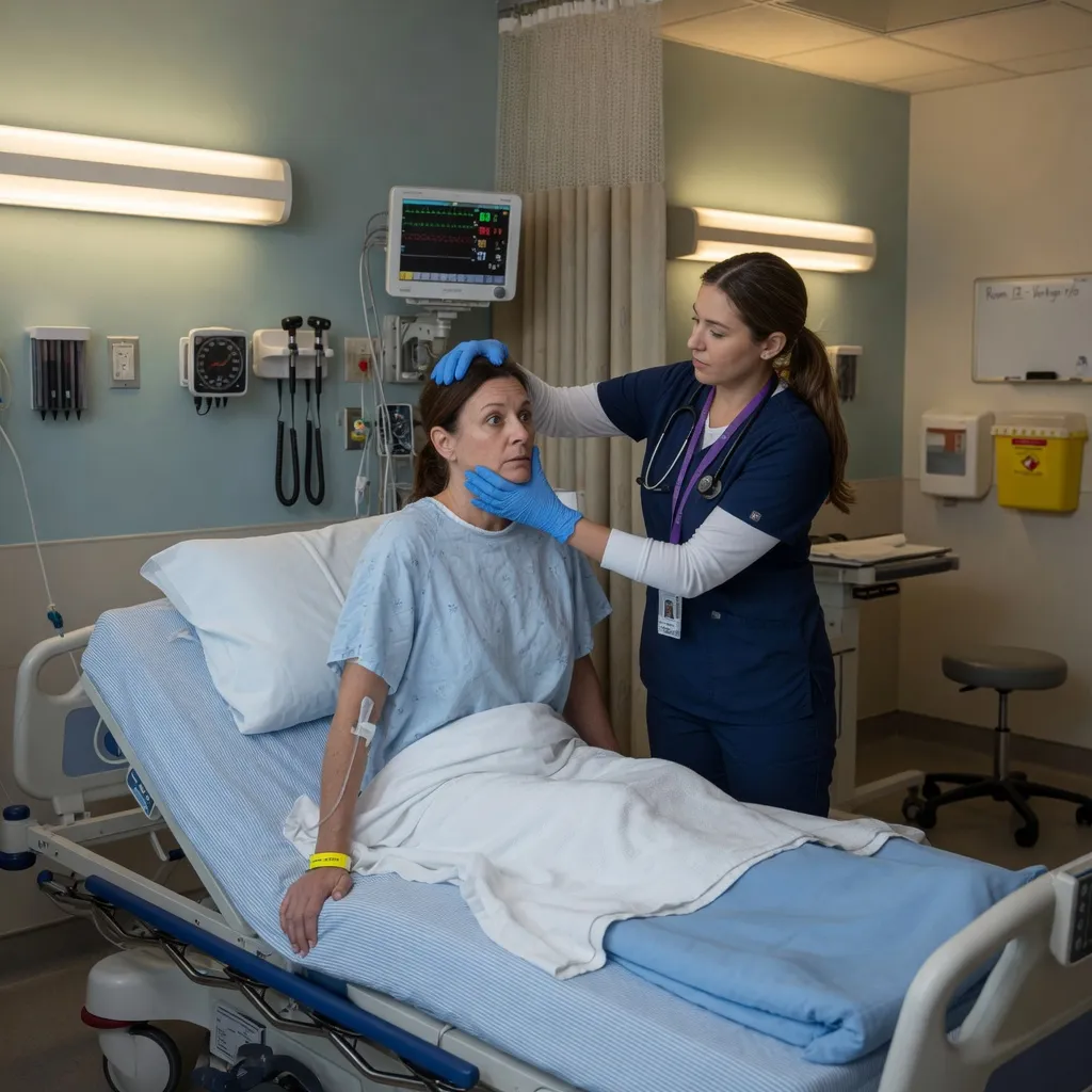 A clinician performing the head impulse test at the bedside of a dizzy patient