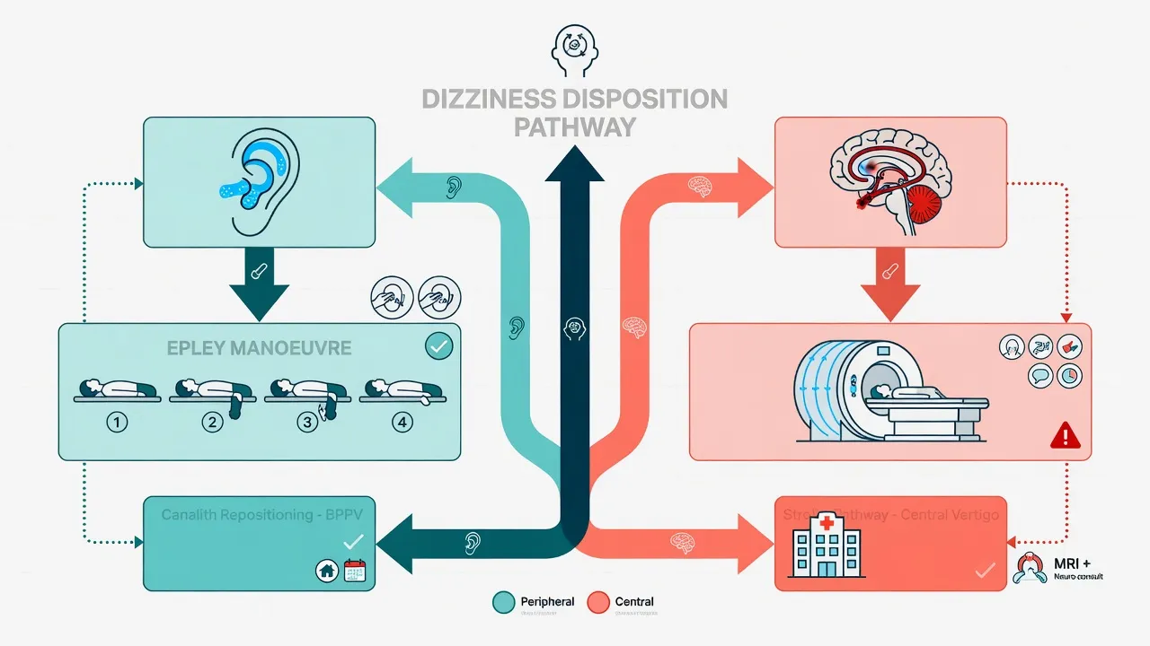 Disposition pathway for dizziness showing Epley for BPPV and stroke pathway for central HINTS pattern